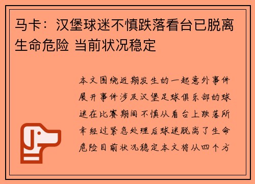 马卡：汉堡球迷不慎跌落看台已脱离生命危险 当前状况稳定