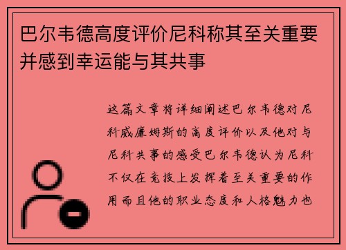 巴尔韦德高度评价尼科称其至关重要并感到幸运能与其共事
