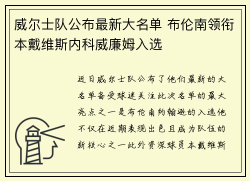 威尔士队公布最新大名单 布伦南领衔本戴维斯内科威廉姆入选