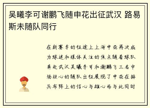 吴曦李可谢鹏飞随申花出征武汉 路易斯未随队同行